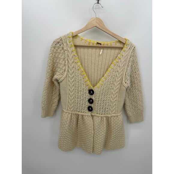 Free People Cardigan Sweater Women Medium Cream Yellow Knit Babydoll Wool Blend - Picture 1 of 7